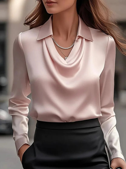 Elegant Satin Cowl Neck Blouse - Long Sleeve Silk-Feel Women’s Shirt