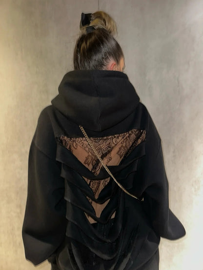 Open-Back Trending Rhinestone Y2K Oversized Hoodie – Street Style Mesh Long Sleeve Sweatshirt