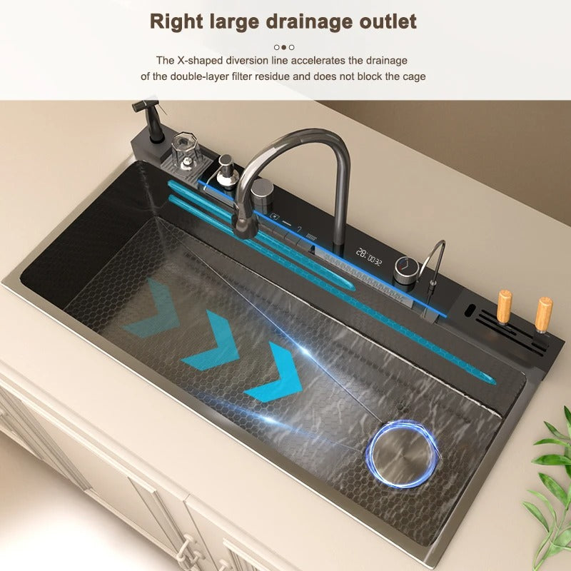 Stainless Steel Waterfall Kitchen Sink – Extra Large Single Bowl with Digital Display