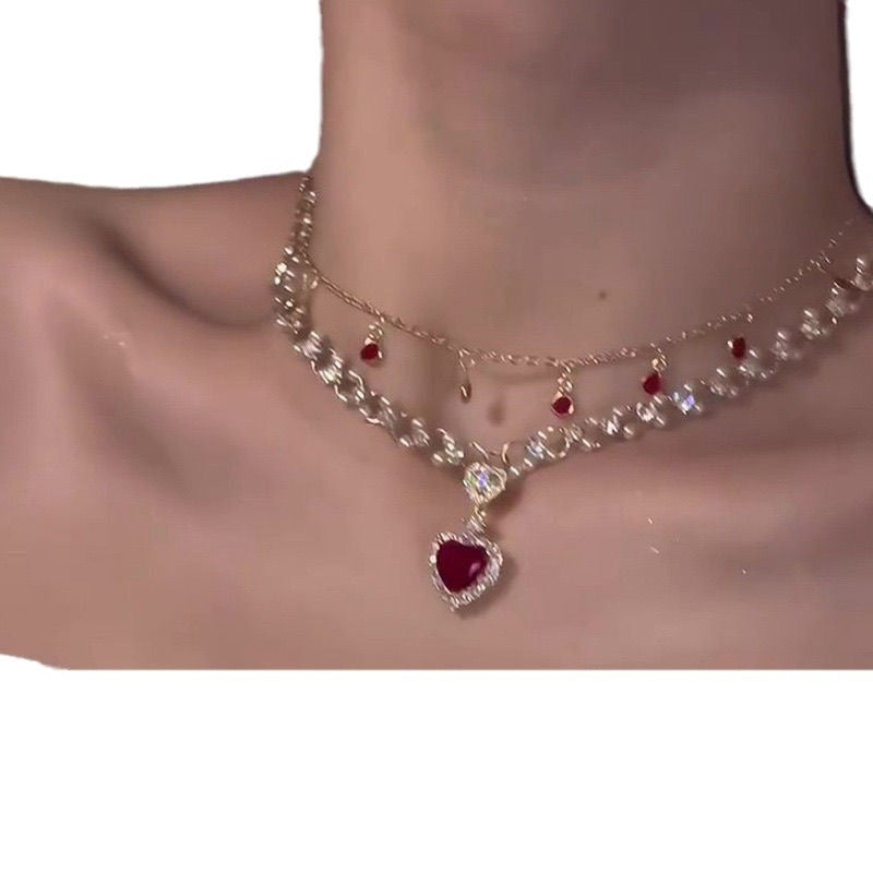 Red Pearl Double Layer Necklace – Love Twin Chain for Women