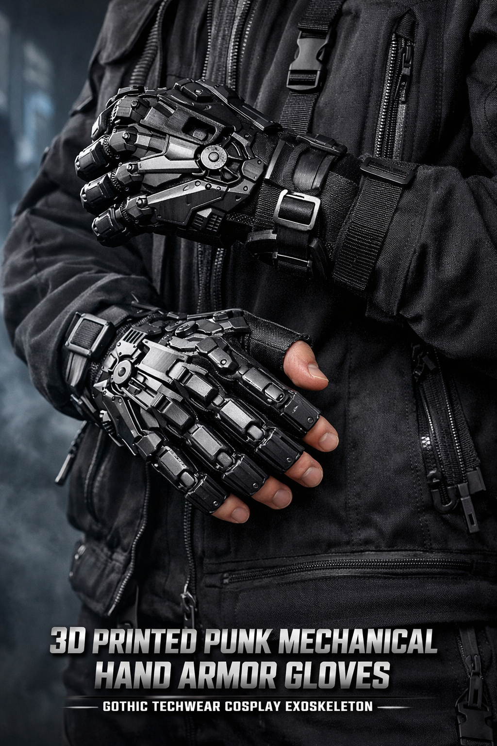 3D Printed Punk Mechanical Hand Armor Gloves – Gothic Techwear Cosplay Exoskeleton (Unisex)