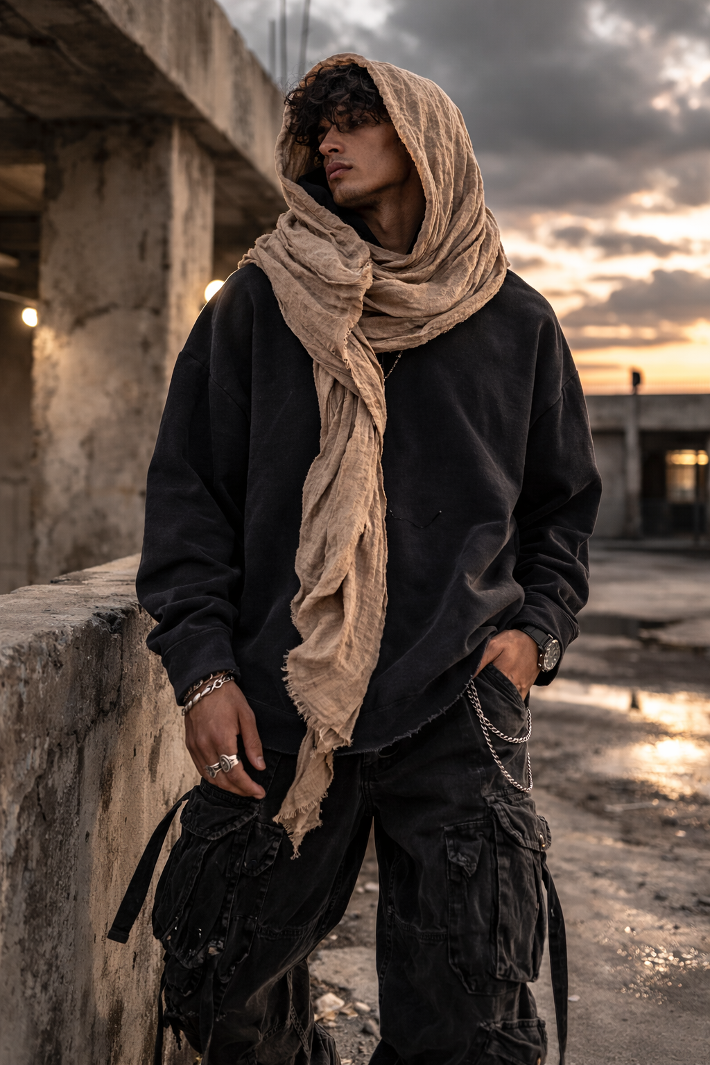 🖤 Desert Drape Hooded Scarf Hoodie – INS Retro Streetwear Unisex Sweater (2026 Edition)