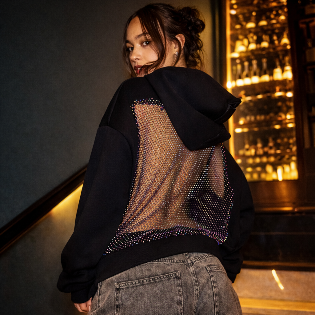 Open-Back Trending Rhinestone Y2K Oversized Hoodie – Street Style Mesh Long Sleeve Sweatshirt