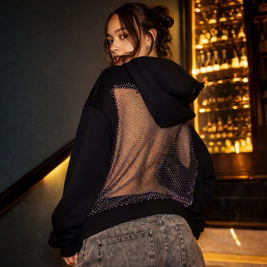 Open-Back Trending Rhinestone Y2K Oversized Hoodie – Street Style Mesh Long Sleeve Sweatshirt