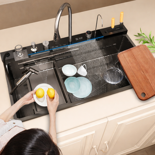 Stainless Steel Waterfall Kitchen Sink – Extra Large Single Bowl with Digital Display