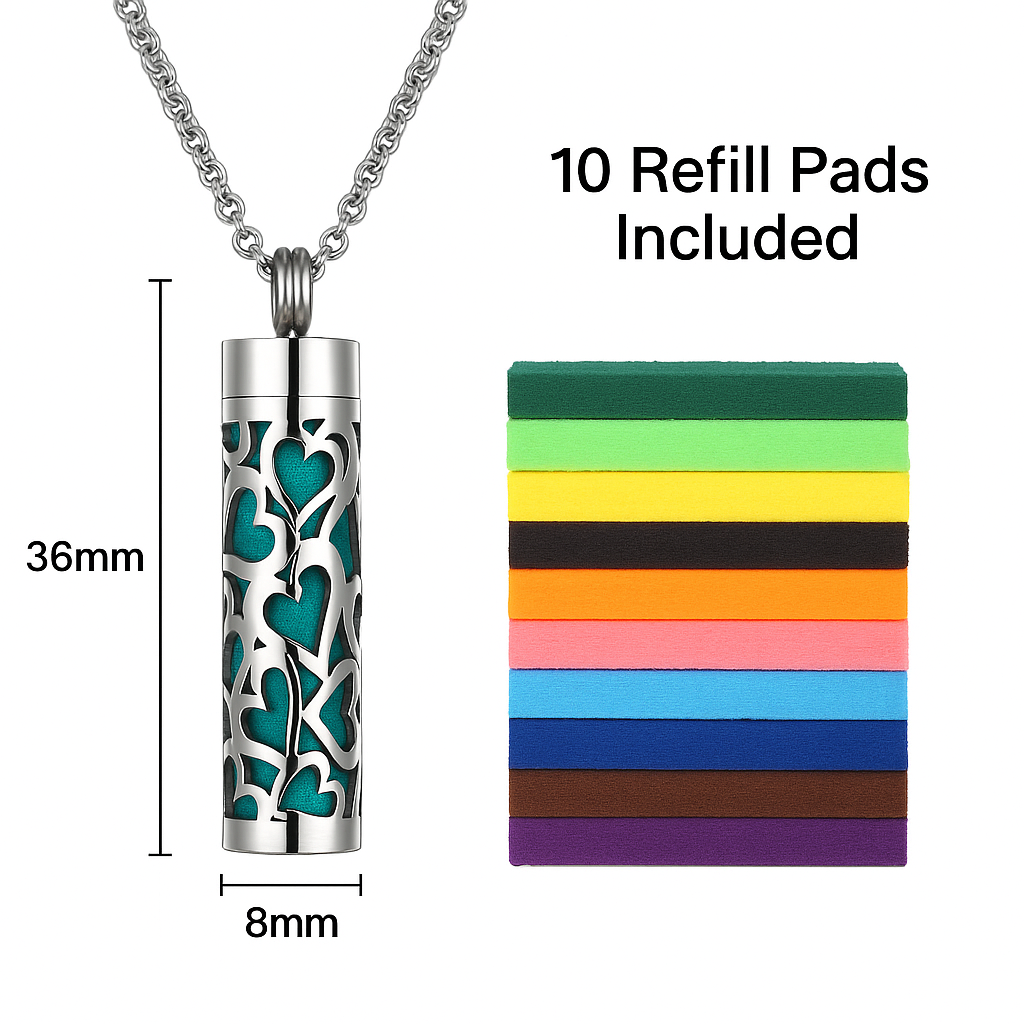 Stainless Steel Aromatherapy Necklace – Heart Diffuser Pendant with 10 Reusable Felt Pads
