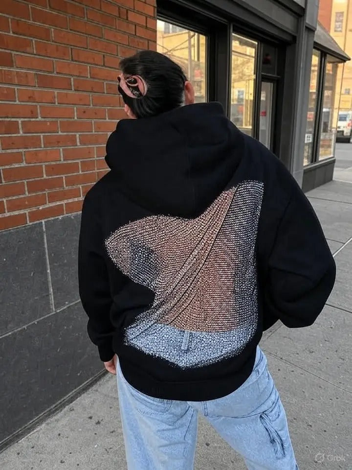 Open-Back Trending Rhinestone Y2K Oversized Hoodie – Street Style Mesh Long Sleeve Sweatshirt