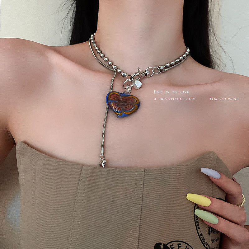 Irregular Pearl Double Layer Necklace – Love Pendant Statement Chain