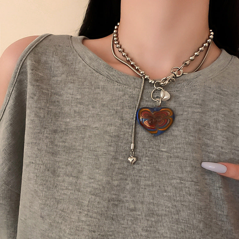Irregular Pearl Double Layer Necklace – Love Pendant Statement Chain