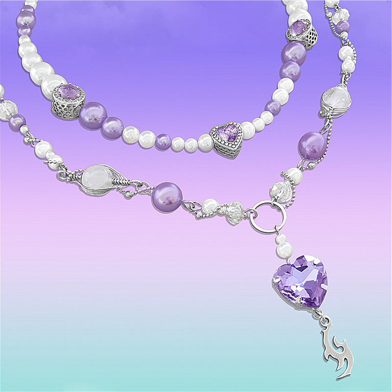 Purple Pearl Love Necklace – Elegant Small Pendant Chain for Women