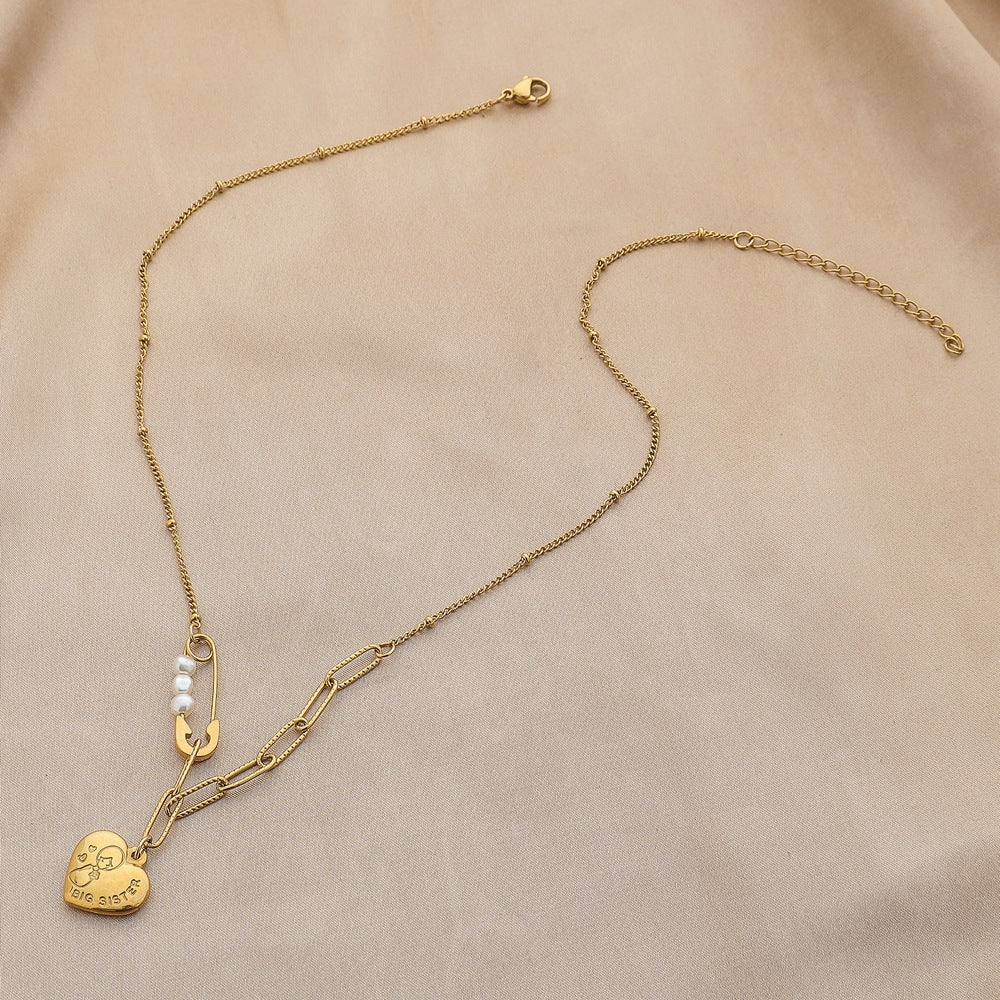Golden Pearl Love Necklace – Elegant Brooch Pendant Chain for Women