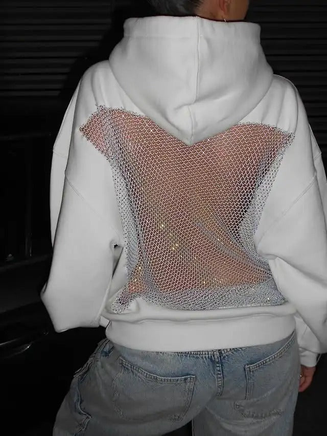 Open-Back Trending Rhinestone Y2K Oversized Hoodie – Street Style Mesh Long Sleeve Sweatshirt