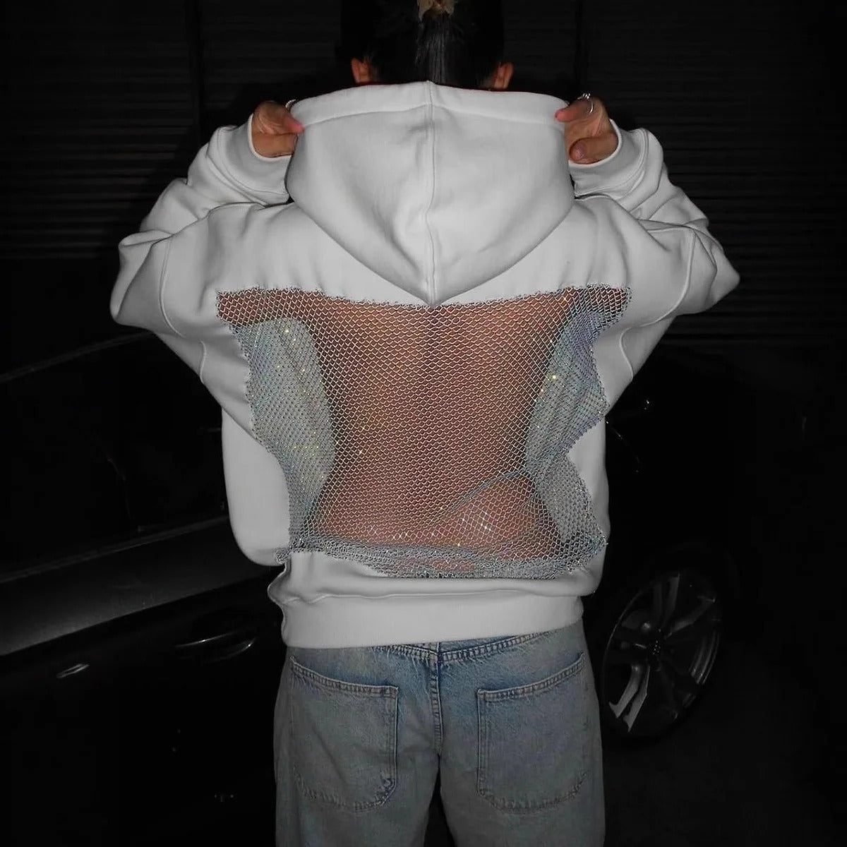 Open-Back Trending Rhinestone Y2K Oversized Hoodie – Street Style Mesh Long Sleeve Sweatshirt
