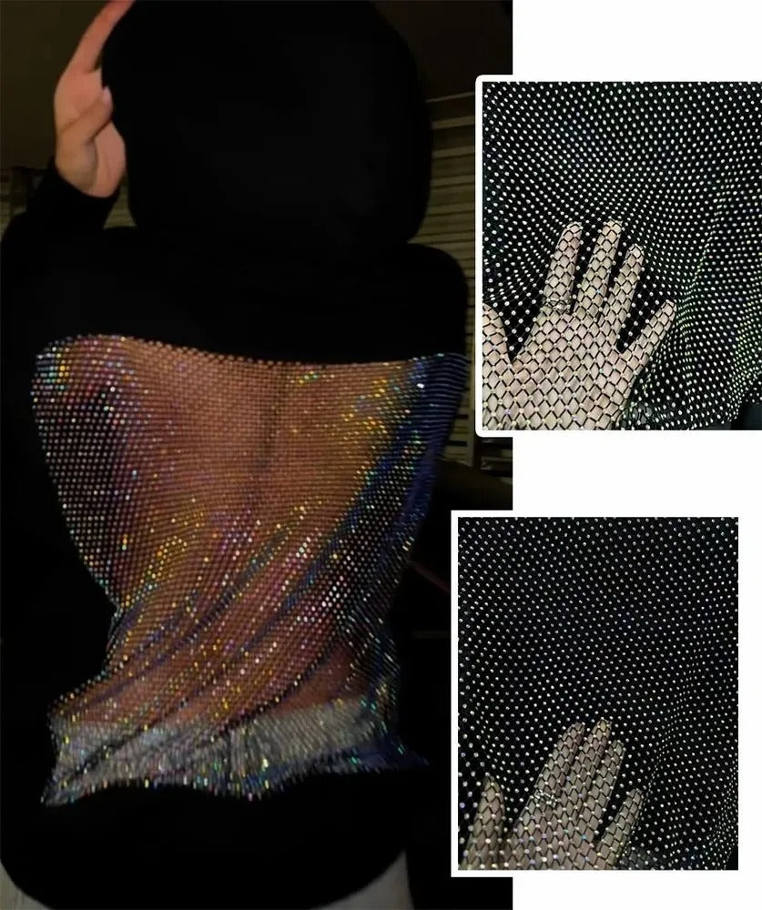 Open-Back Trending Rhinestone Y2K Oversized Hoodie – Street Style Mesh Long Sleeve Sweatshirt