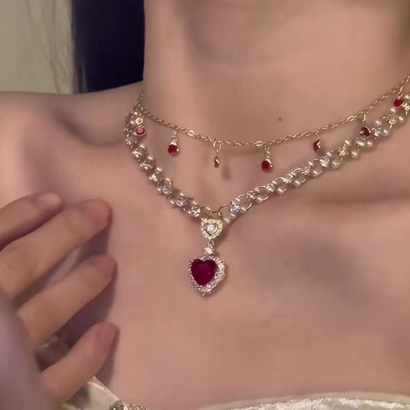 Red Pearl Double Layer Necklace – Love Twin Chain for Women