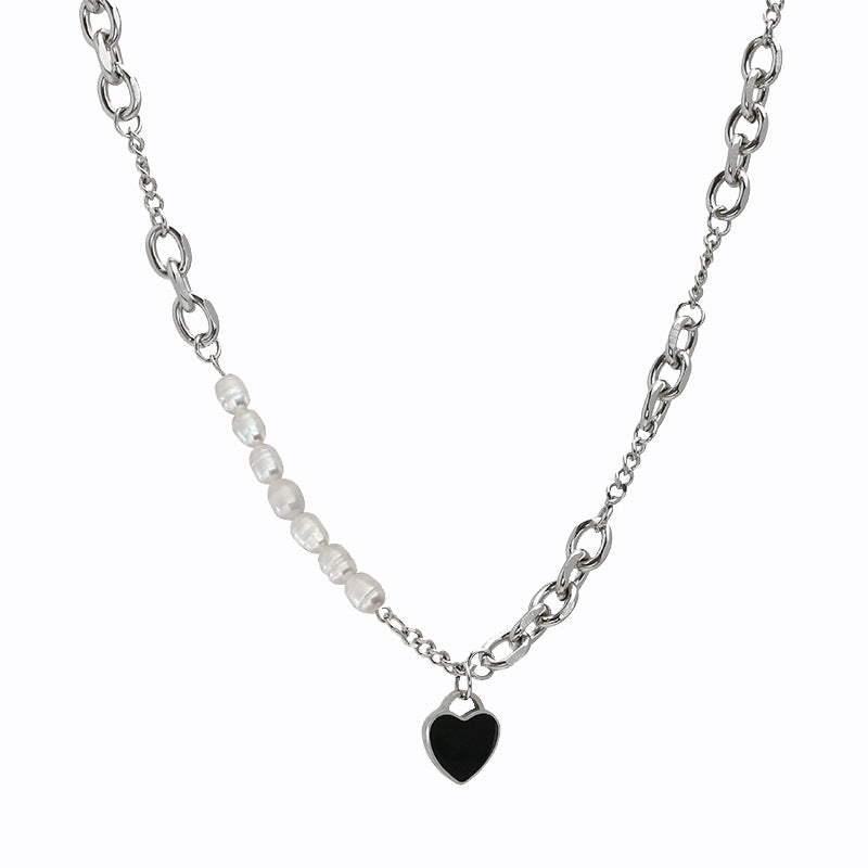 Freshwater Pearl Love Pendant Necklace – Elegant Stitch Detail Chain