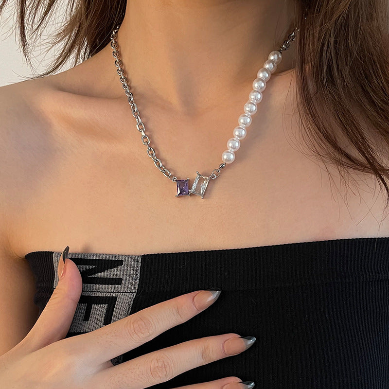 Colorful Crystal Half Love Pearl Necklace – Elegant Statement Chain for Women