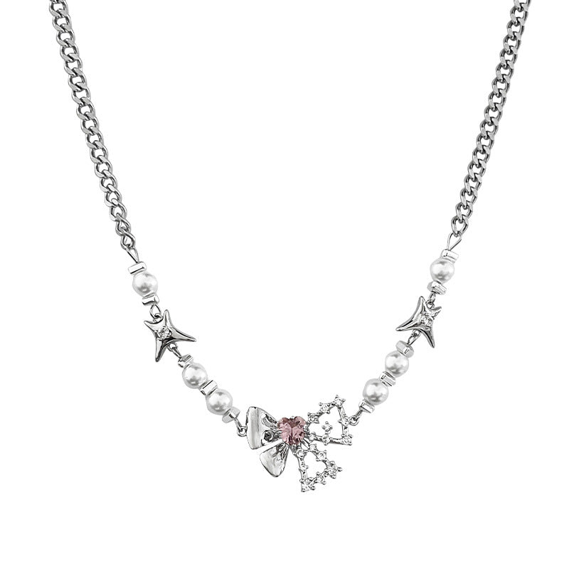 Pearl Bow Love Necklace – Elegant Stitch Detail Pendant for Women