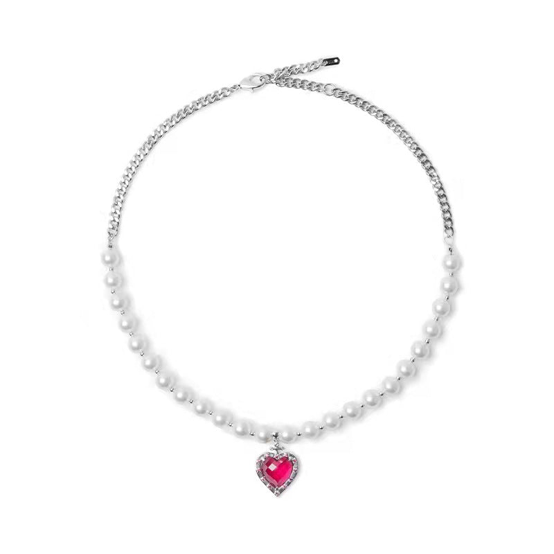Glass Pearl Love Necklace – Elegant Spliced Pendant Chain for Women