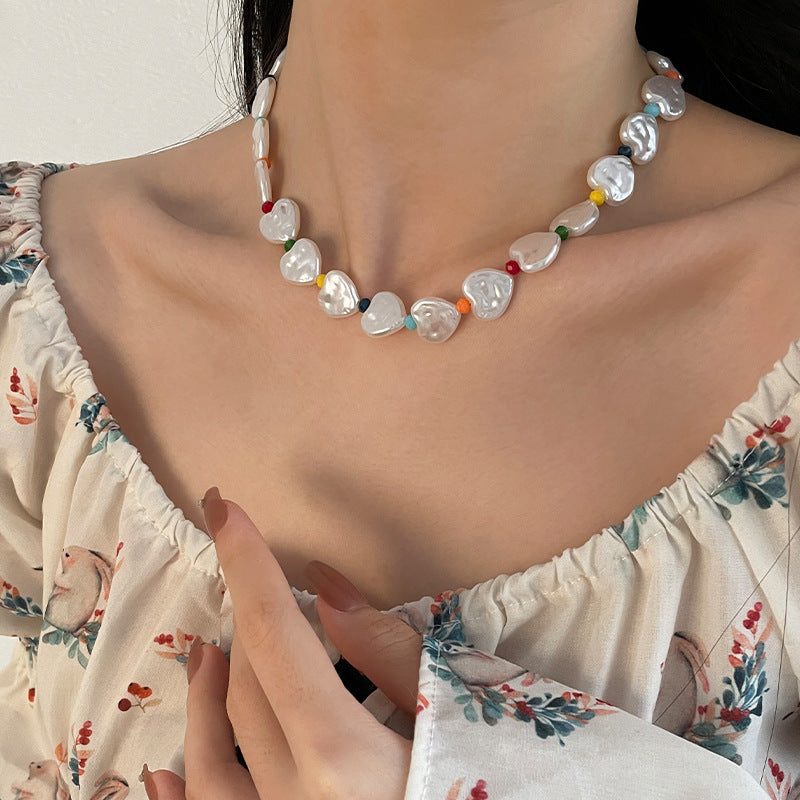 Colorful Beaded Pearl Love Necklace – Elegant Statement Chain for Women