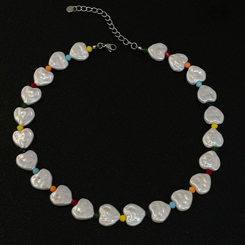 Colorful Beaded Pearl Love Necklace – Elegant Statement Chain for Women