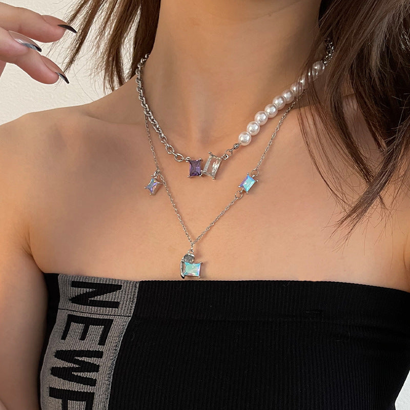 Colorful Crystal Half Love Pearl Necklace – Elegant Statement Chain for Women