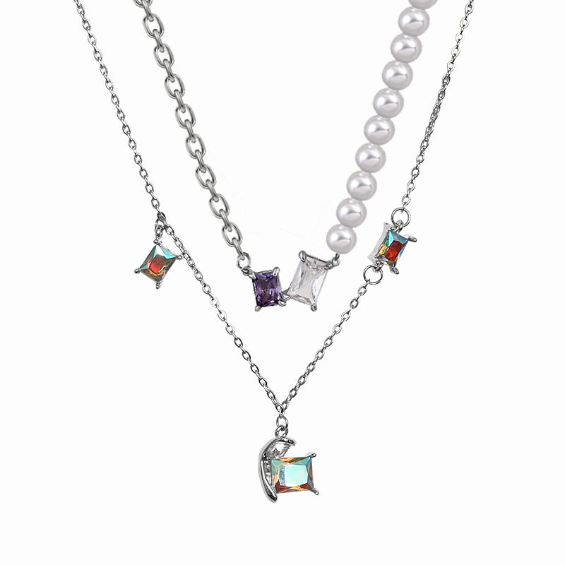 Colorful Crystal Half Love Pearl Necklace – Elegant Statement Chain for Women