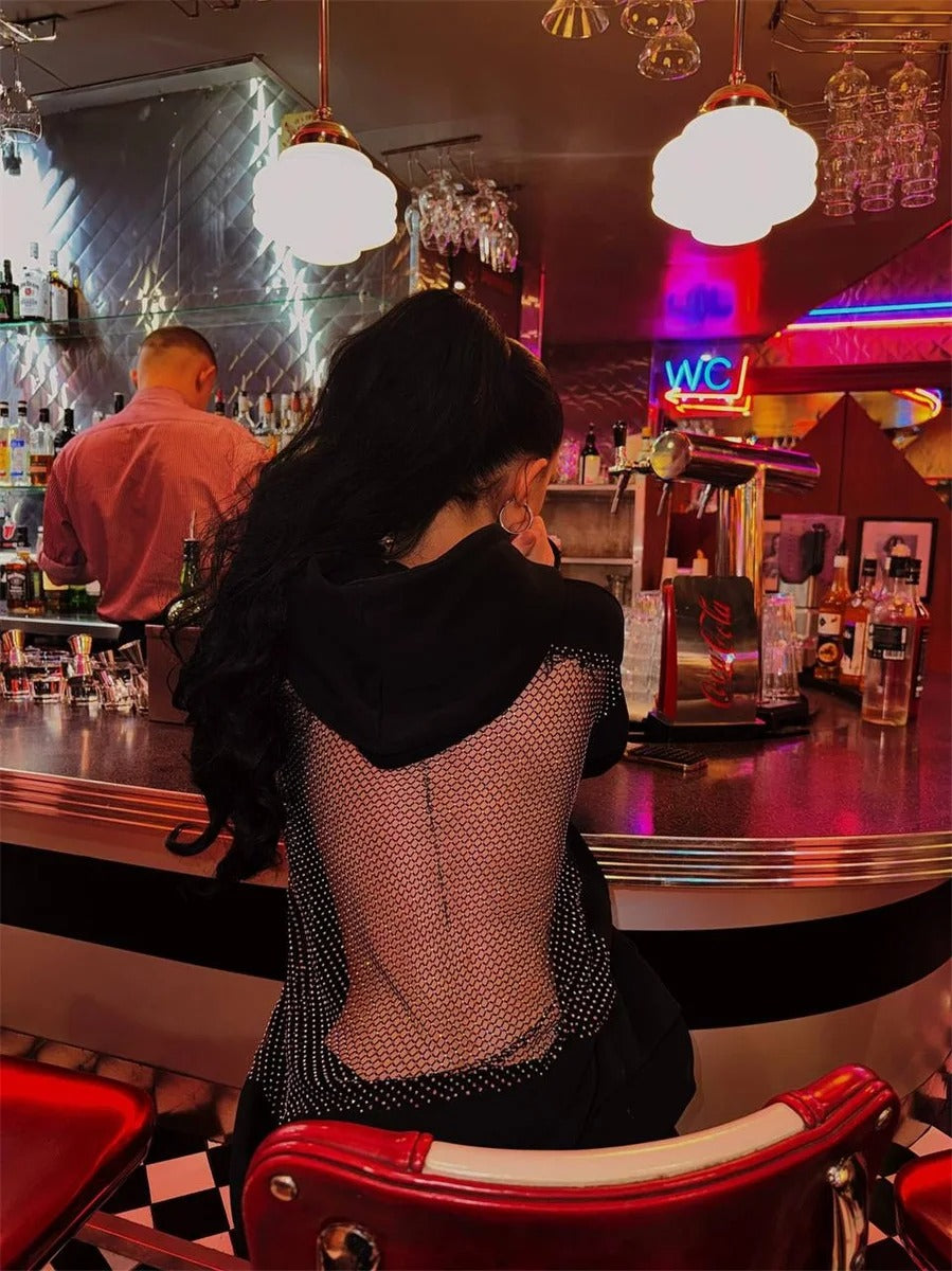 Open-Back Trending Rhinestone Y2K Oversized Hoodie – Street Style Mesh Long Sleeve Sweatshirt