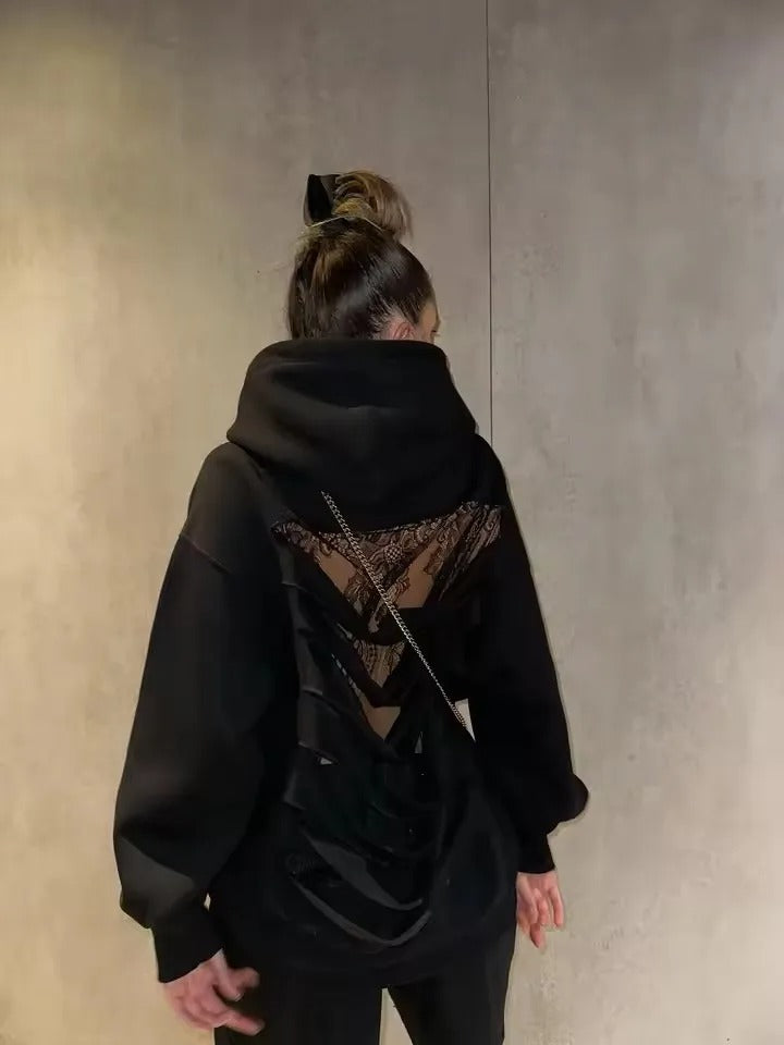 Open-Back Trending Rhinestone Y2K Oversized Hoodie – Street Style Mesh Long Sleeve Sweatshirt