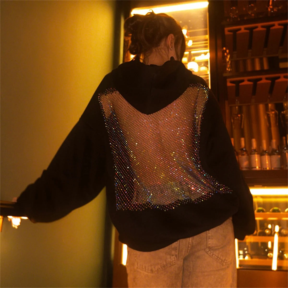 Open-Back Trending Rhinestone Y2K Oversized Hoodie – Street Style Mesh Long Sleeve Sweatshirt