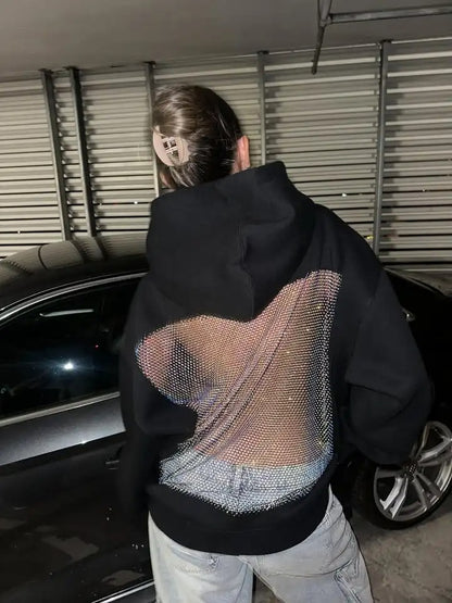 Open-Back Trending Rhinestone Y2K Oversized Hoodie – Street Style Mesh Long Sleeve Sweatshirt