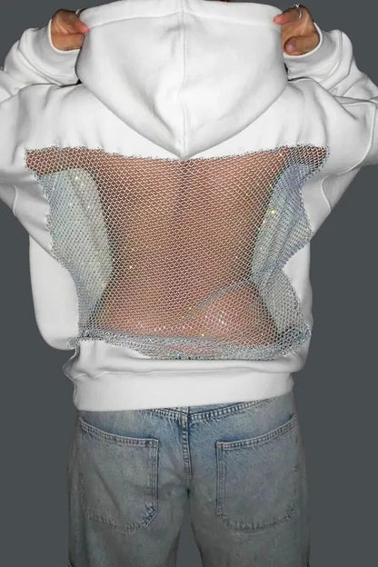 Open-Back Trending Rhinestone Y2K Oversized Hoodie – Street Style Mesh Long Sleeve Sweatshirt