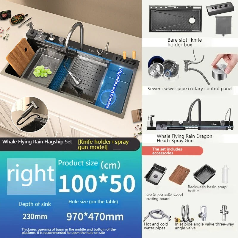 Stainless Steel Waterfall Kitchen Sink – Extra Large Single Bowl with Digital Display