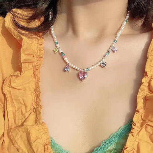 Zircon Pearl Love Pendant Necklace – Elegant Sparkle Chain for Women