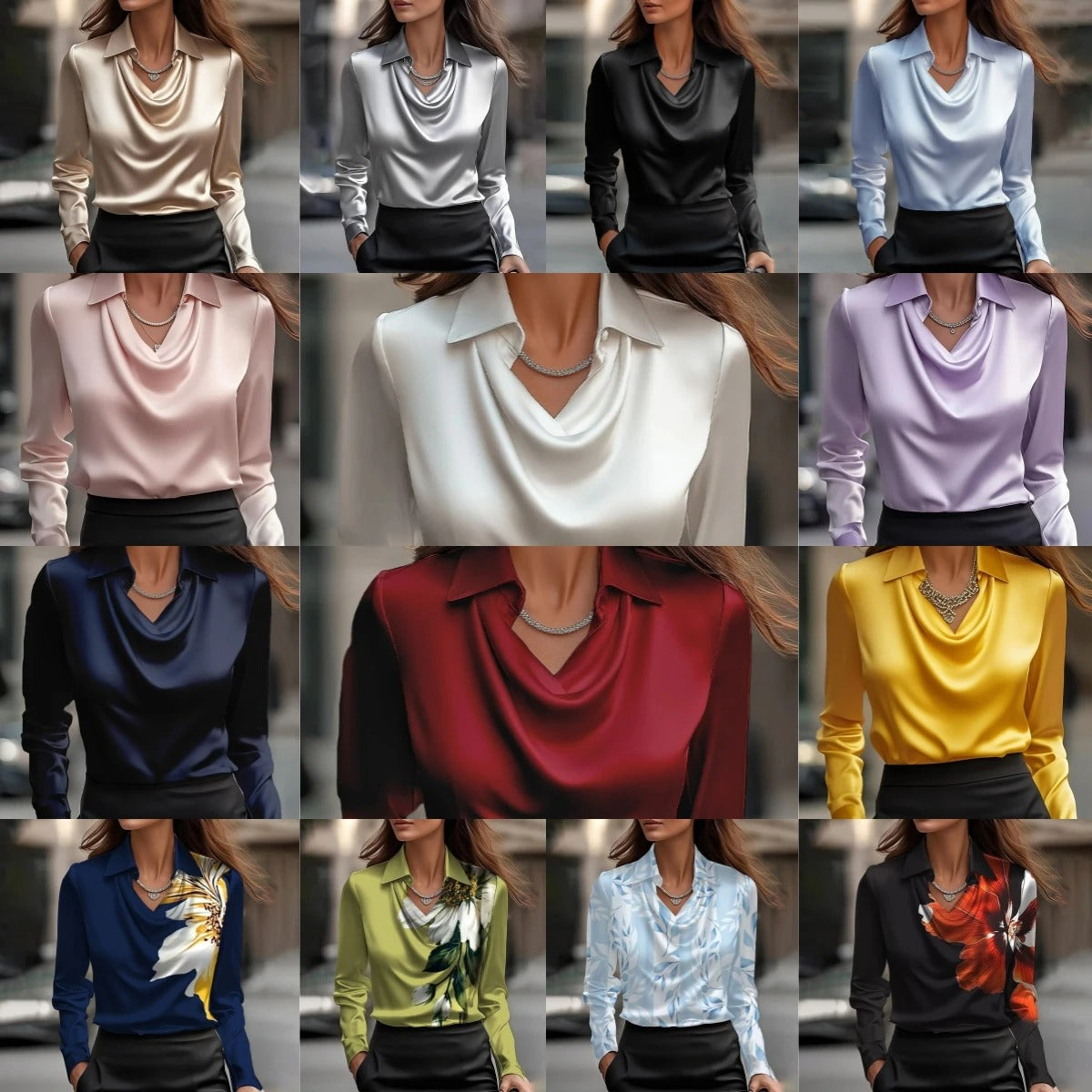 Elegant Satin Cowl Neck Blouse - Long Sleeve Silk-Feel Women’s Shirt