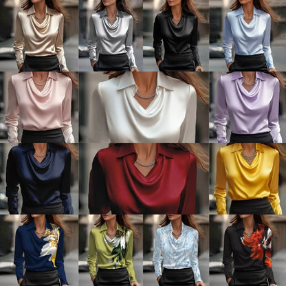 Elegant Satin Cowl Neck Blouse - Long Sleeve Silk-Feel Women’s Shirt