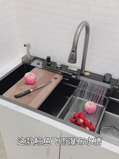 Stainless Steel Waterfall Kitchen Sink – Extra Large Single Bowl with Digital Display