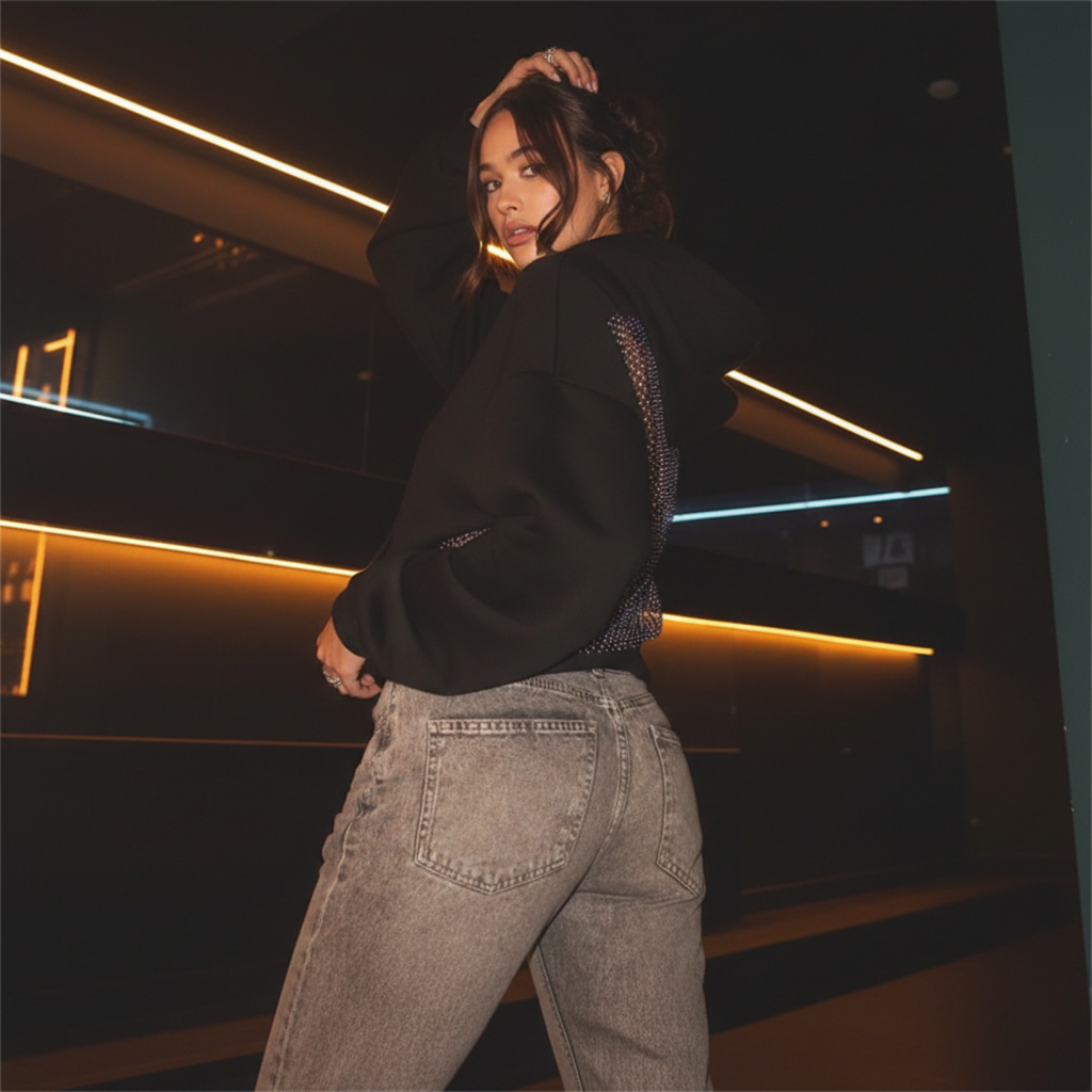 Open-Back Trending Rhinestone Y2K Oversized Hoodie – Street Style Mesh Long Sleeve Sweatshirt