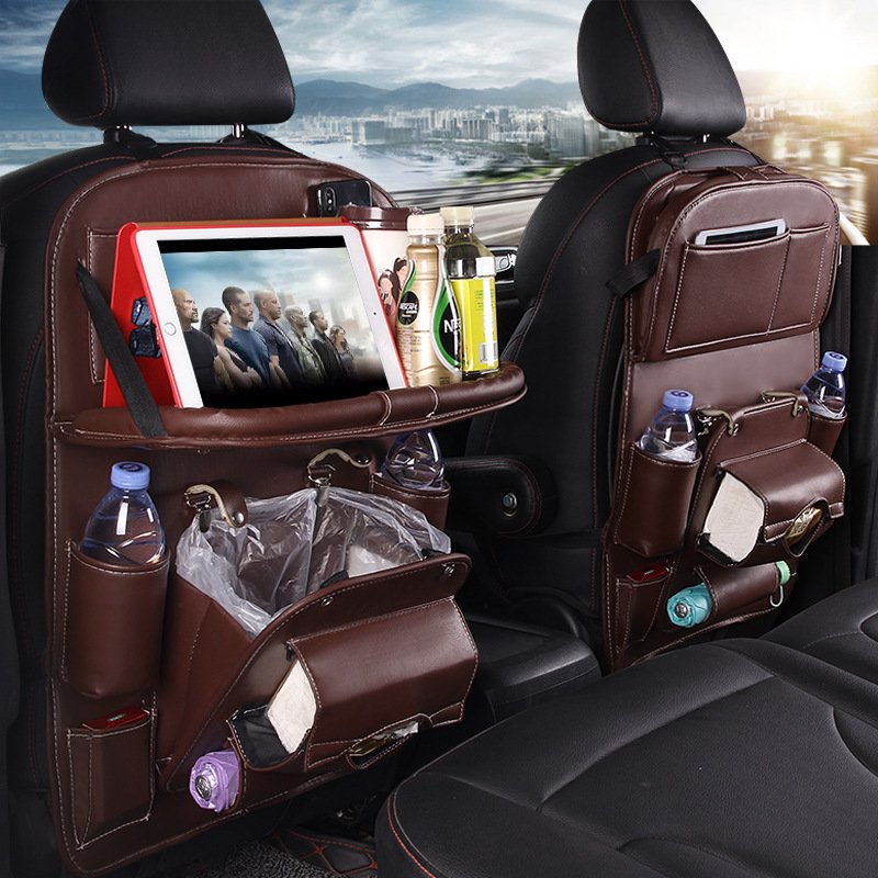 PU Leather Car Seat Organizer | Hanging Tray, Waterproof Storage Bag