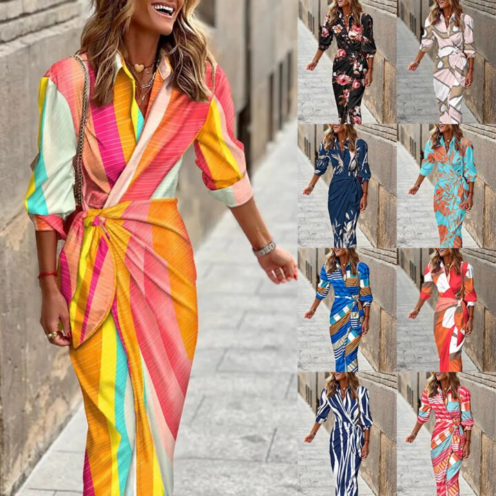 Chic in Print – Slim Fit Shirt Dress with Belt | Lapel Collar & 3/4 Sleeves | TikTok Trending Dress