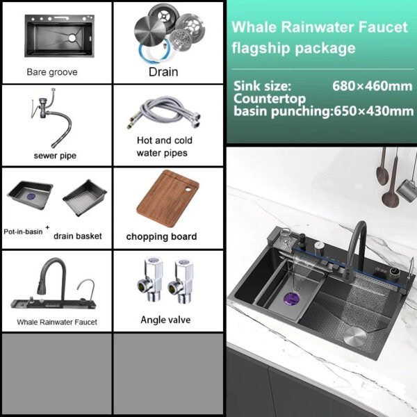 Stainless Steel Waterfall Kitchen Sink – Extra Large Single Bowl with Digital Display