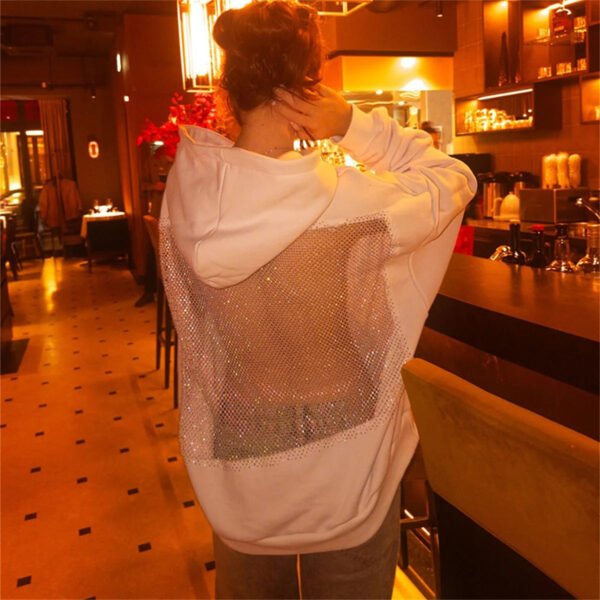 Open-Back Trending Rhinestone Y2K Oversized Hoodie – Street Style Mesh Long Sleeve Sweatshirt
