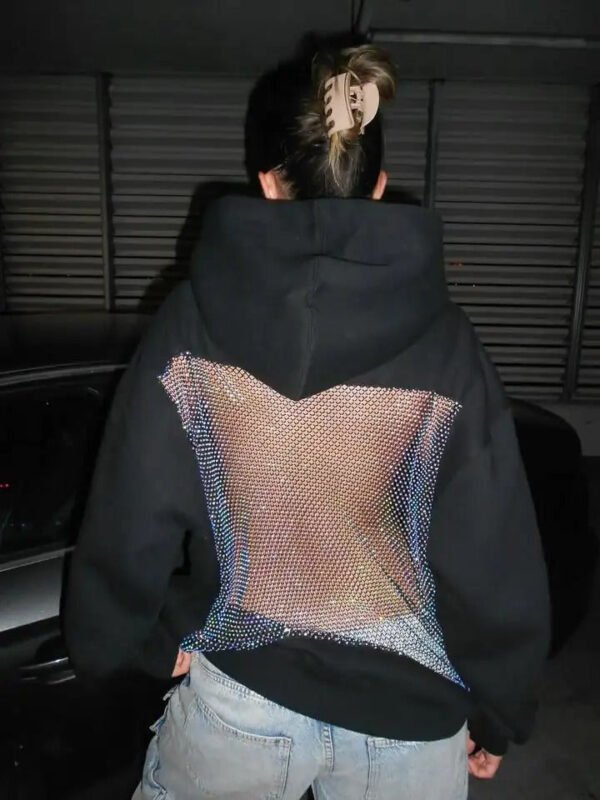 Open-Back Trending Rhinestone Y2K Oversized Hoodie – Street Style Mesh Long Sleeve Sweatshirt