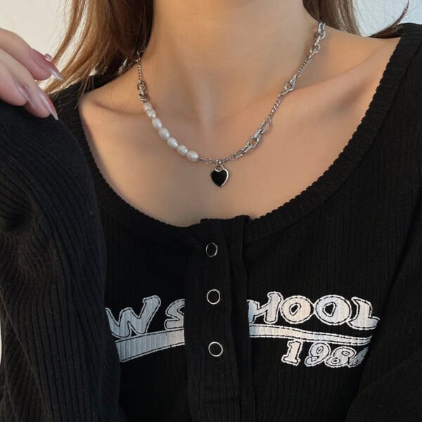 Freshwater Pearl Love Pendant Necklace – Elegant Stitch Detail Chain