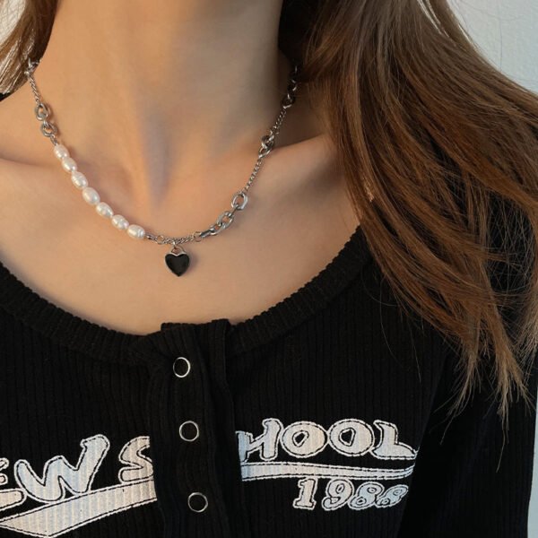 Freshwater Pearl Love Pendant Necklace – Elegant Stitch Detail Chain