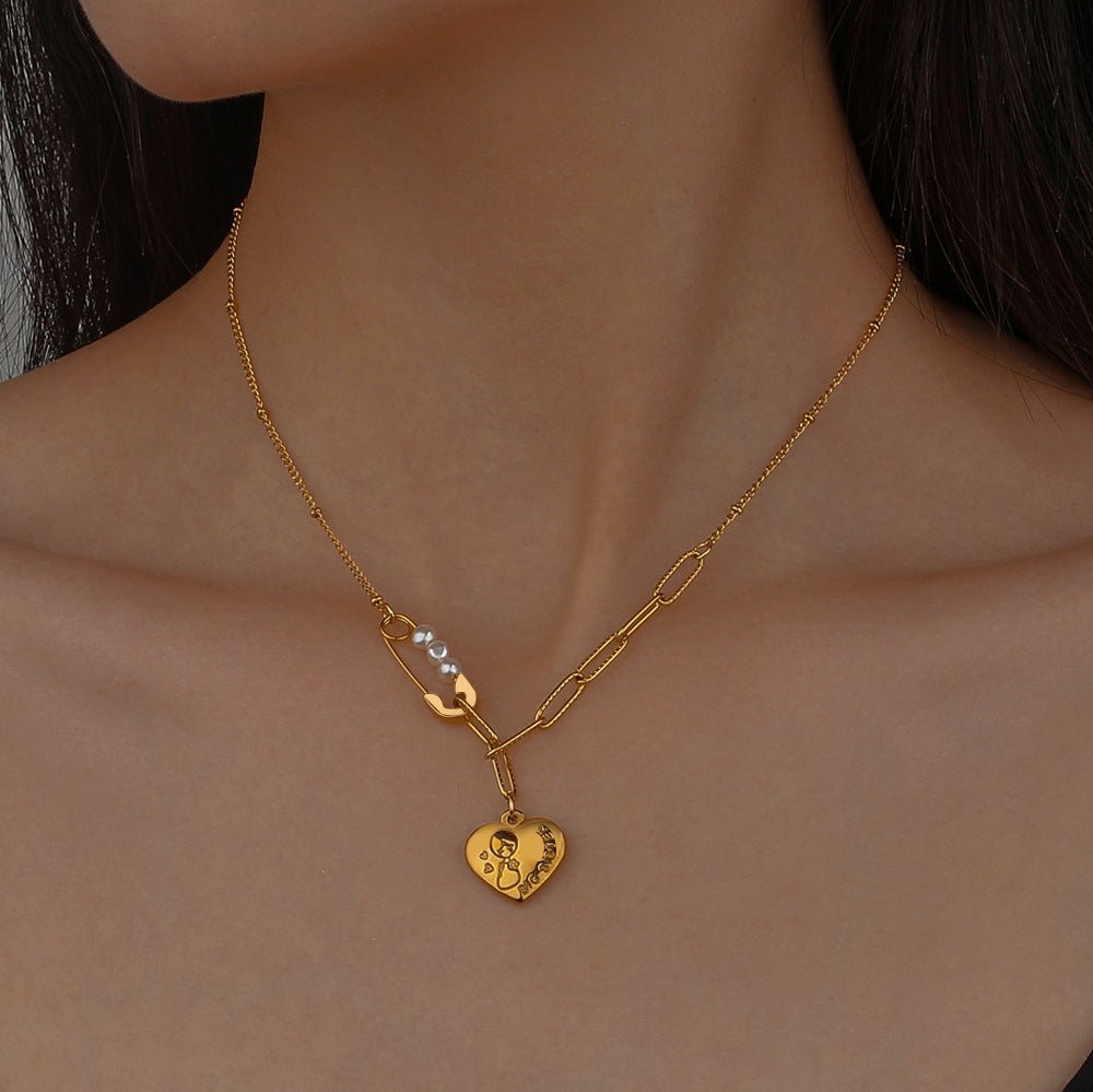 Golden Pearl Love Necklace – Elegant Brooch Pendant Chain for Women