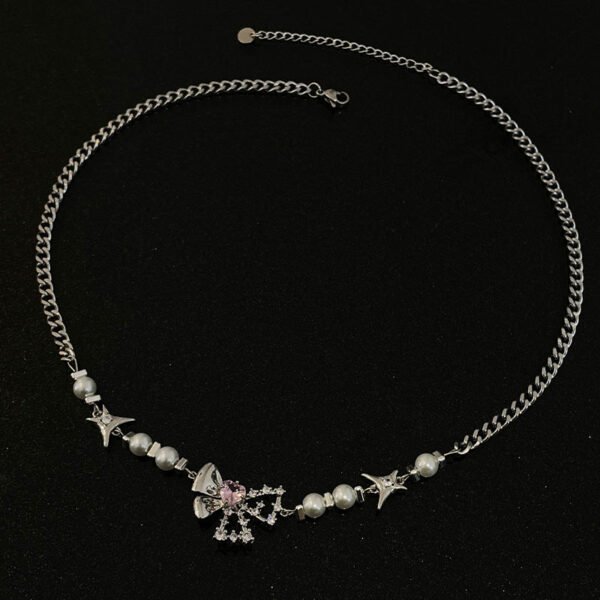 Pearl Bow Love Necklace – Elegant Stitch Detail Pendant for Women