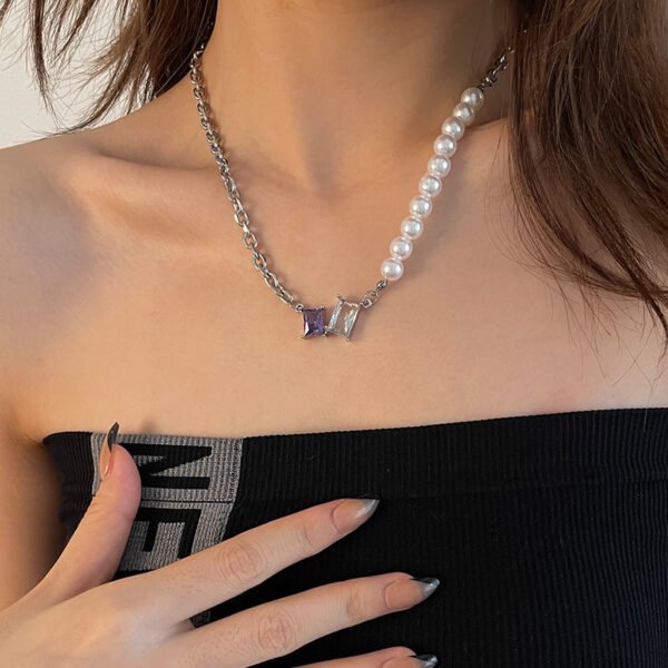 Colorful Crystal Half Love Pearl Necklace – Elegant Statement Chain for Women